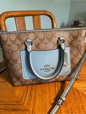 Coach Chelsea Signature Coated Canvas Satchel in Brown & Light Blue